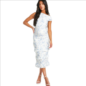 Boohoo Maternity Porcelain White Dress Light Blue Print Size 6